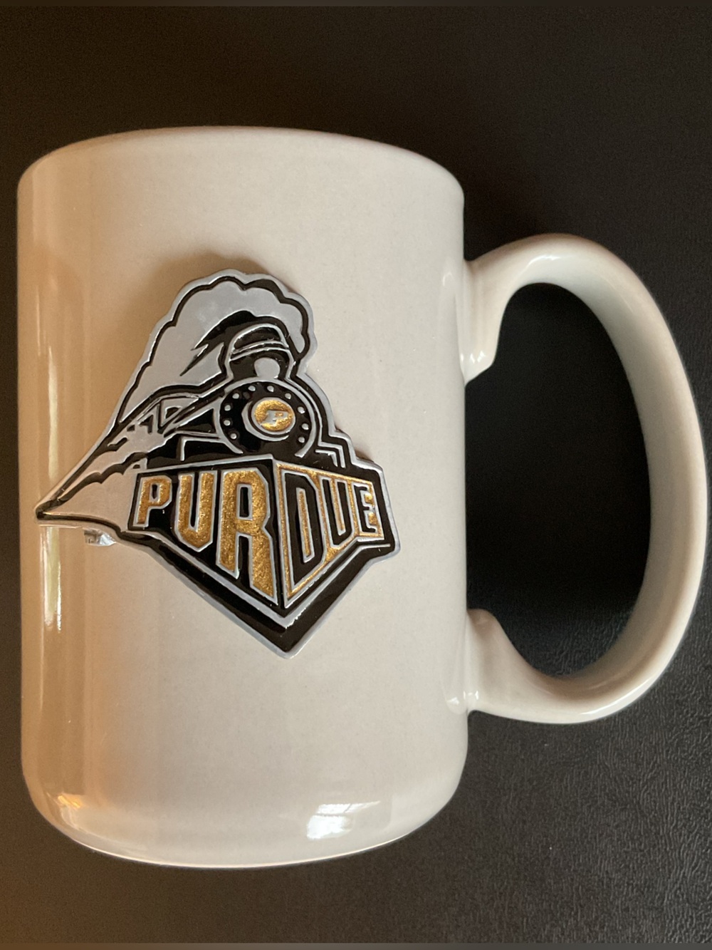 Gray Ceramic Purdue University Mug with a 3D Train Mascot Emblem
